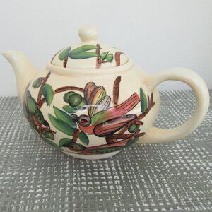 VTG Chinese Hand Painted Birds, Nature, Teapot 1 quart Capacity, Yellow